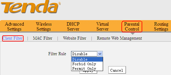 说明: //www.tendacn.com/userfiles/WordToHtml/Function configurations/W3000R-How to limit the computer in the lan to access the Internet through client Filter .files/image003.png